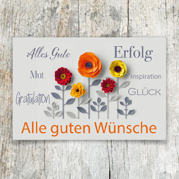Vergrößerte Abbildung Firmenglückwunschkarten mit orangefarbenem Schriftzug Alle guten Wünsche, bunten Blumen und Schlagwörtern auf strukturiertem Aquarellkarton