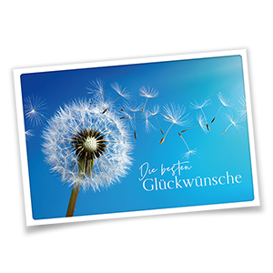 Vergrößere Abbildung Glückwunschkarten mit Pusteblume, fliegenden Samen, blauem Himmel und dem weißen Schriftzug Die besten Glückwünsche