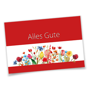Vergrößere Abbildung Rote Glückwunschkarten mit bunten Wiesenblumen und silbernem Schriftzug Alles Gute auf dunkelrotem Hintergrund