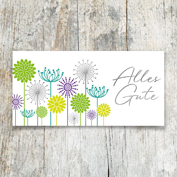 Vergrößerte Abbildung Weiße Glückwunschkarten im Querformat mit Schriftzug Alles Gute und floralen Motiven in metallisch glänzender Veredelung