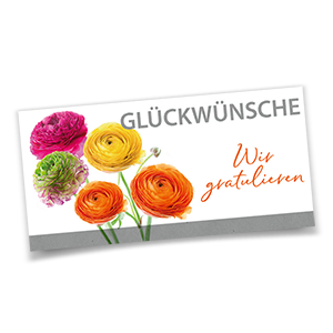 Vergrößere Abbildung Glückwunschkarten DIN lang mit bunten Ranunkelblüten in Blindprägung und den Schriftzügen Wir gratulieren – Glückwünsche auf weißem Karton