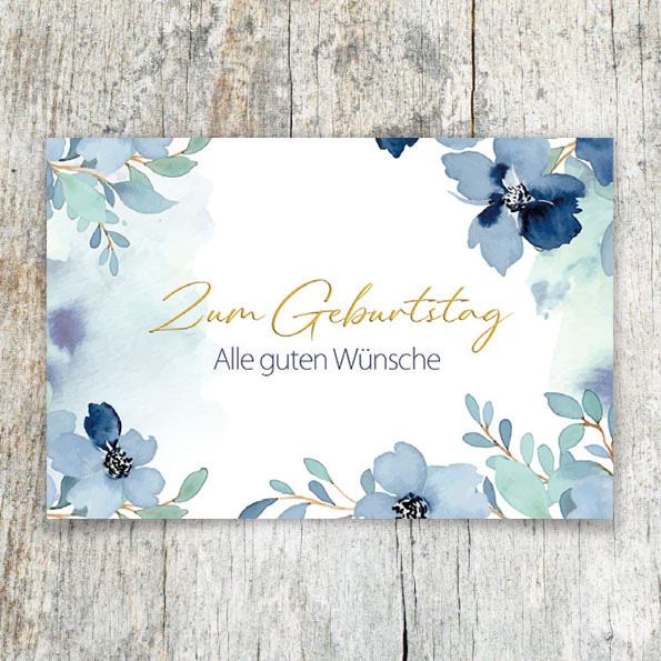 Vergrößerte Abbildung Geburtstagskarten mit zartblauen Aquarellblüten, goldener Metallicveredelung und dem Gruß Zum Geburtstag – Alle guten Wünsche