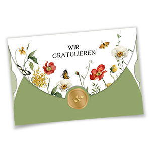 Vergrößere Abbildung Florale Glückwunschkarten mit goldenem Siegel, Schmetterlingen, Sommerblumen und besonderer Wickelfalz-Faltung mit Einlegeblatt