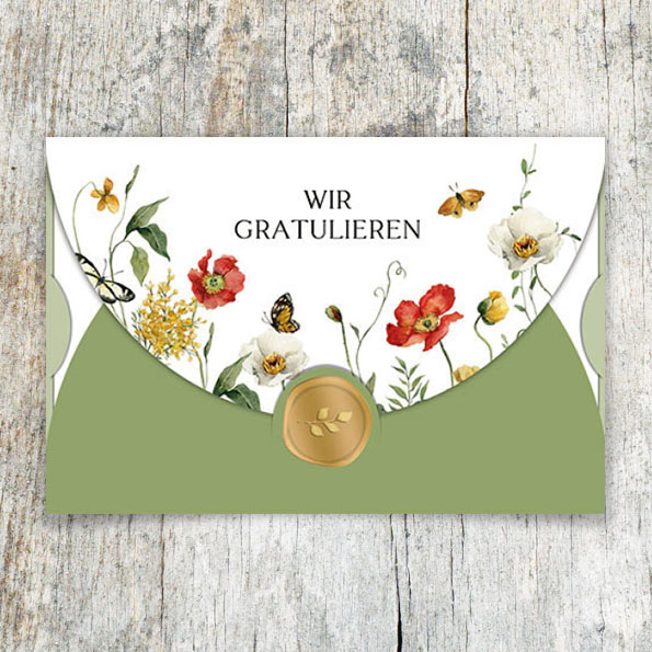 Vergrößerte Abbildung Florale Glückwunschkarten mit goldenem Siegel, Schmetterlingen, Sommerblumen und besonderer Wickelfalz-Faltung mit Einlegeblatt