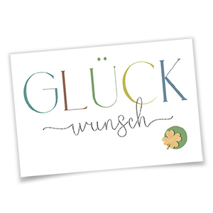 Vergrößere Abbildung Glückwunschkarte mit vierblättrigem Kleeblatt aus Holz, bunter Silberprägung und Einlegeblatt auf Aquarellkarton