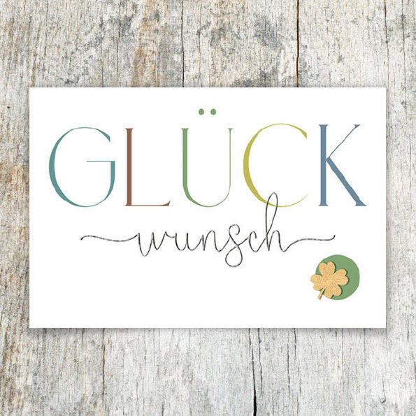 Vergrößerte Abbildung Glückwunschkarte mit vierblättrigem Kleeblatt aus Holz, bunter Silberprägung und Einlegeblatt auf Aquarellkarton