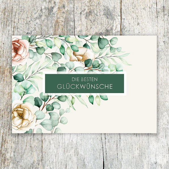 Vergrößerte Abbildung Elegante Glückwunschkarte mit Rosen in Aquarelloptik und silbernem Schriftzug 'Die besten Glückwünsche' im grünen Fenster