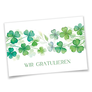 Vergrößere Abbildung Glückwunschkarte mit grünen, vierblättrigen Kleeblättern