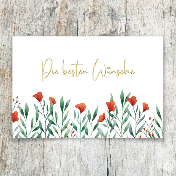 Vergrößerte Abbildung Glückwunschkarte mit goldgeprägtem Schriftzug und roten Aquarellblüten