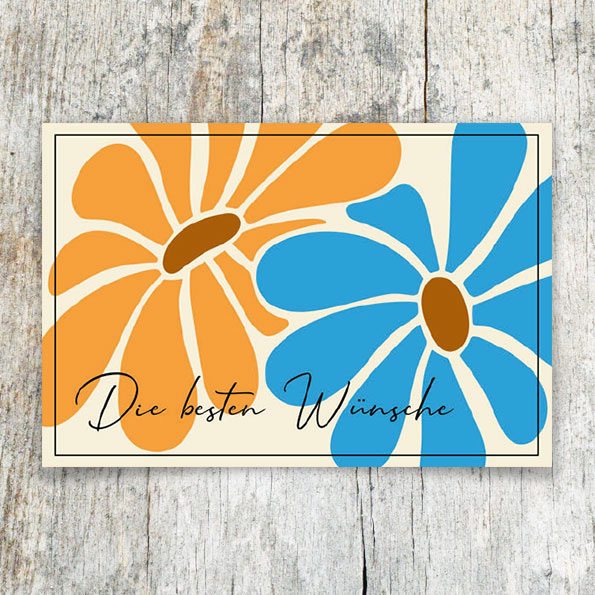 Vergrößerte Abbildung Farbenfrohe Glückwunschkarten mit großen Blüten in Orange und Blau und dem Aufdruck Die besten Wünsche auf Naturkarton