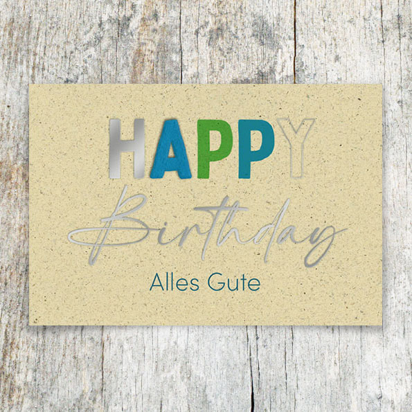 Vergrößerte Abbildung Geburtstagskarten aus Graspapier mit Filzbuchstabe A und Silberfolienprägung Happy Birthday – Alles Gute