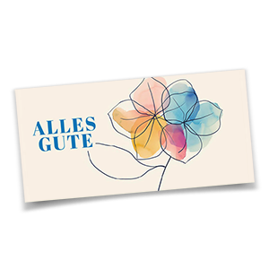 Vergrößere Abbildung Bunte Glückwunschkarten im DIN lang Format mit Aquarellblume und blauem Schriftzug Alles Gute auf strukturiertem Karton