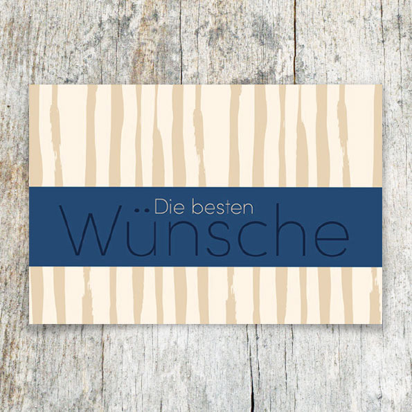 Vergrößerte Abbildung Glückwunschkarten mit blauem Balken, Aufdruck Die besten Wünsche und hellbraunem Linienmuster