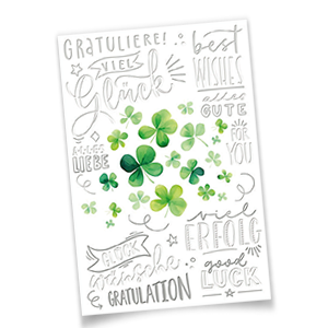 Vergrößere Abbildung Firmenglückwunschkarte mit vierblättrigen Kleeblättern, Silberfolienprägung und positiven Wünschen – inkl. Einlegeblatt für individuellen Text