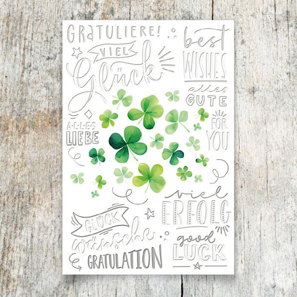 Vergrößerte Abbildung Firmenglückwunschkarte mit vierblättrigen Kleeblättern, Silberfolienprägung und positiven Wünschen – inkl. Einlegeblatt für individuellen Text